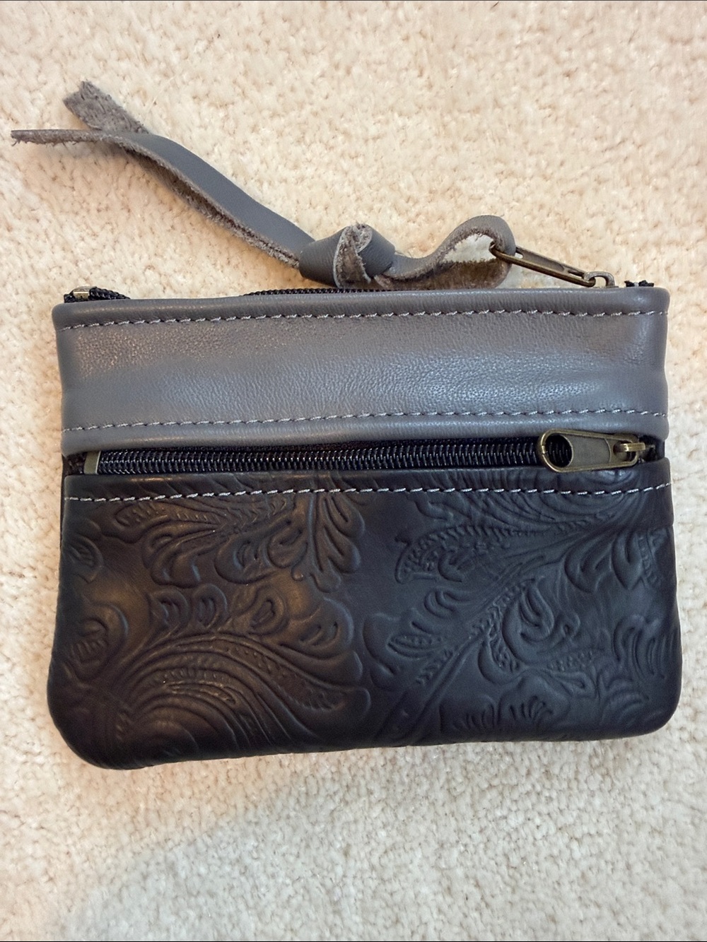New Two-Tone Gray & Black Leather Embossed Zip Wallet, Credit Card holder